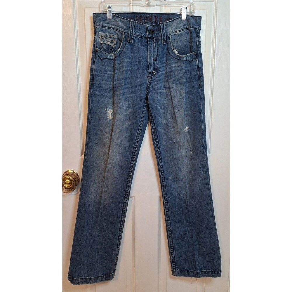 Decree Medium Acid Wash Distressed Mid Rise Bootcut Jeans Embellished Size 32x32